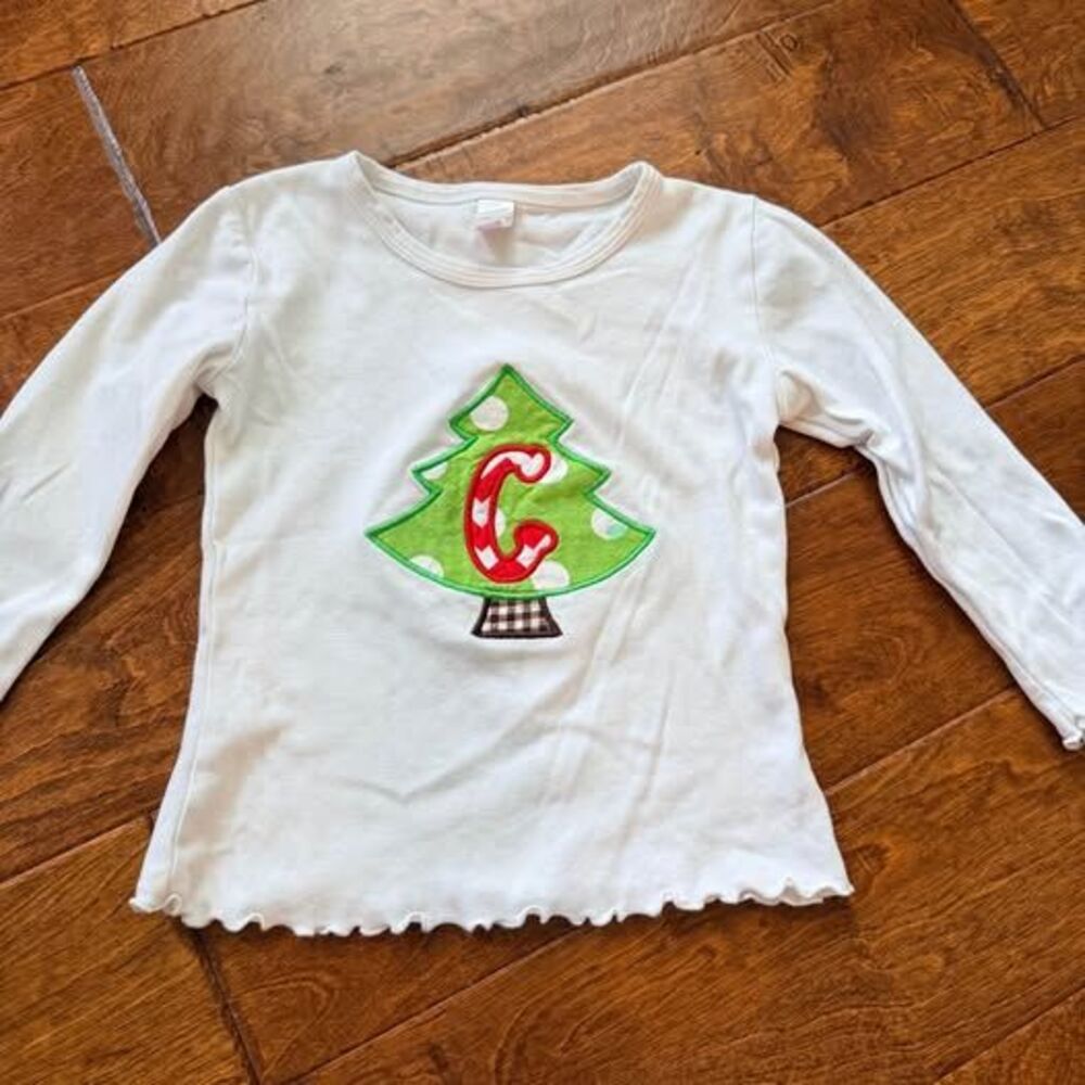 white long sleeve Christmas tree shirt C monogram appliqué size 2